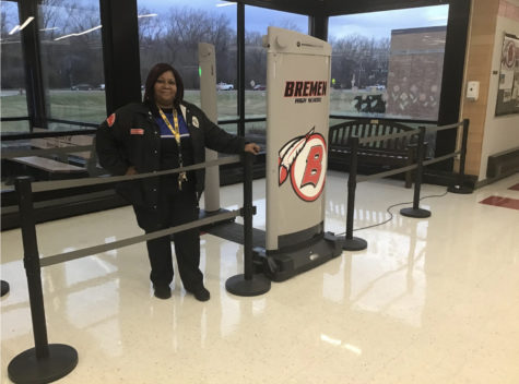 Bremen Security Captain Karen Lee stands next to the Evolv weapon detector posted at the Main Entrance to the building. This system was implemented at the end of last semester in order to provide an added layer of safety and security to BHS. I love these. You feel more comfortable—Better safe than sorry, Capt. Lee said.