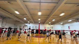 Varsity and JV poms practice their 2024 Homecoming routine during a summer practice. This past summer, the poms team participated in a two-day, intensive dance camp to prepare for their performances.