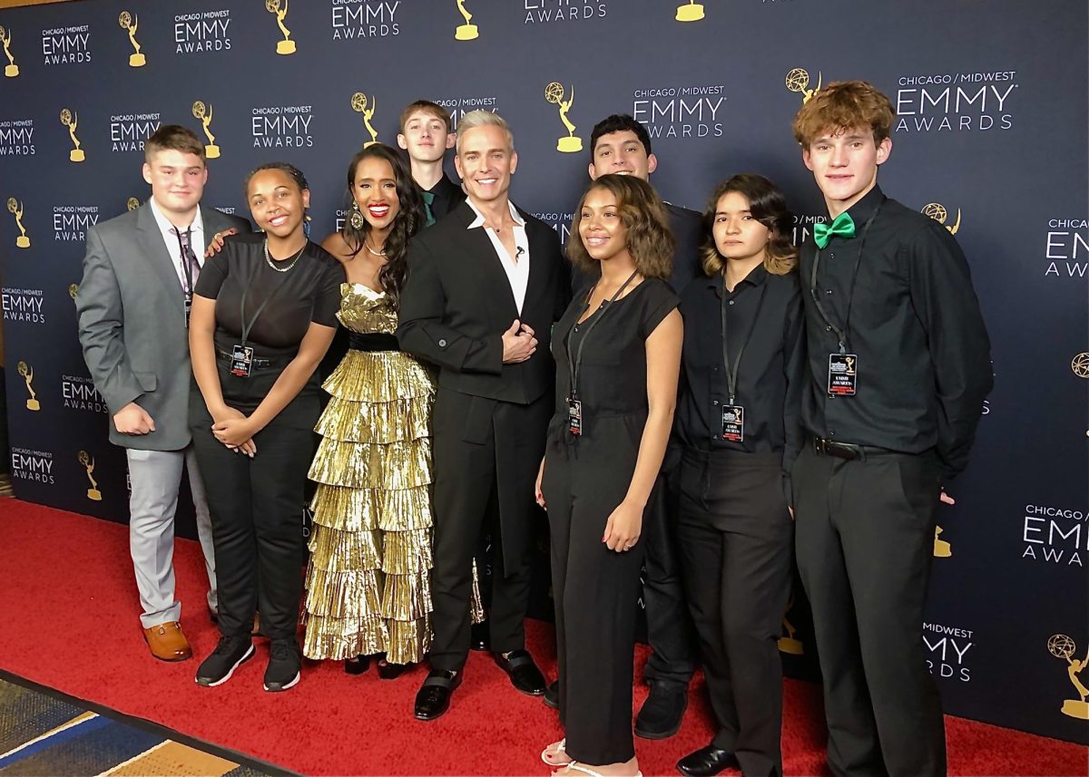 BDTV 228 Crew Members Kayla Thurmond, Jacen Gertos, Abril Duarte, and Brody Lynch work the 66th Annual NATAS Chicago/Midwest Emmy Awards Red Carpet Show & Backstage Show on Nov. 2. Students interested in being a part of BDTV can contact Mr. Lynch at mlynch@bhsd228.com for more information.