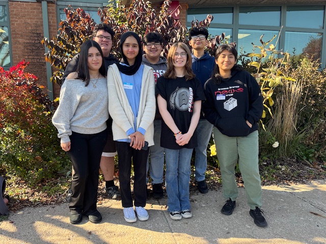 Members of the Arrow yearbook and Echo newspaper take a moment to pose after attending the SSC Journalism Conference in Oak Lawn on Oct. 25. The students were able to network with other SSC schools while attending a variety of breakout sessions designed to provide skills to improve their publications. Pictured: Aleshaee Gonzalez, John Kritikos, Fatima Vahora, Aldo Pozos, Elliot LaRocco, Jaime Pozos and Nataly Hernandez.