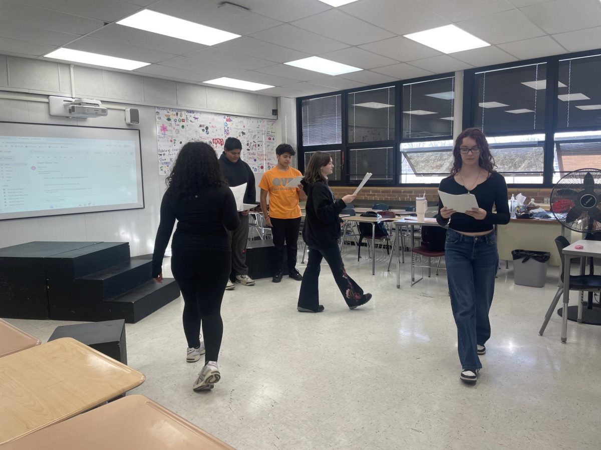 Bremen Braves Group Interpretation crew, led by Mr. Jeff Dyke, practices on February 10th in room 123. Group interp is a collaborative organization that allows the participants to focus on performance elements.