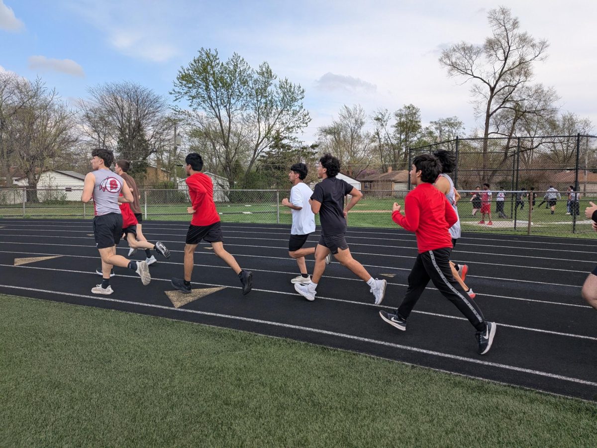 The Bremen Boys track team gets ready for the "one mile in five minutes" drill on April 14 during practice on the outdoor track at BHS.