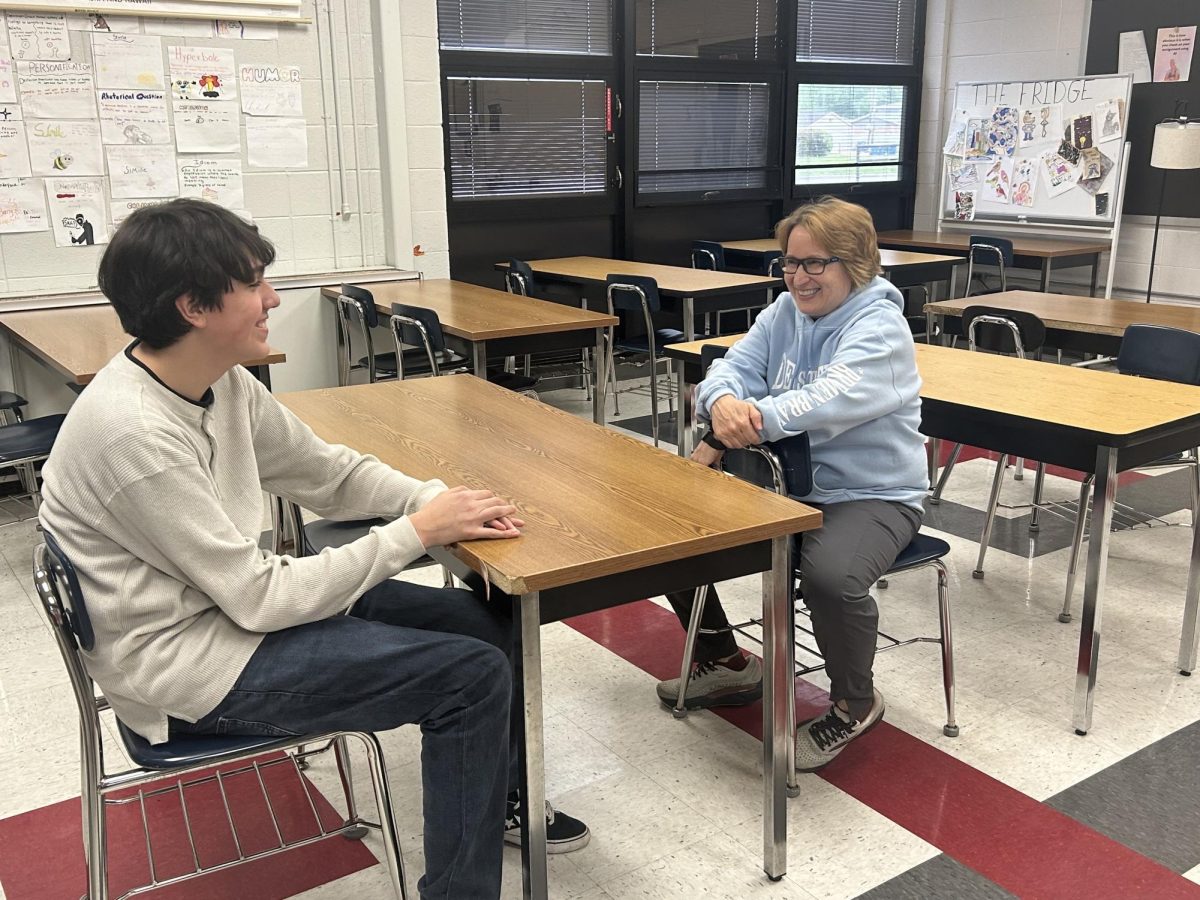 Freshman Ethan Avalos meets with GSA sponsor Ms. Bernas during the club's May 5 meeting in room 158. The group gets together for a casual meet to just relax and socialize with people of different sexualities. Ávalos said the club is “a place to hangout and relax with people of the LGBTQ community.” The organization also has events such as movie nights and raffles. 
